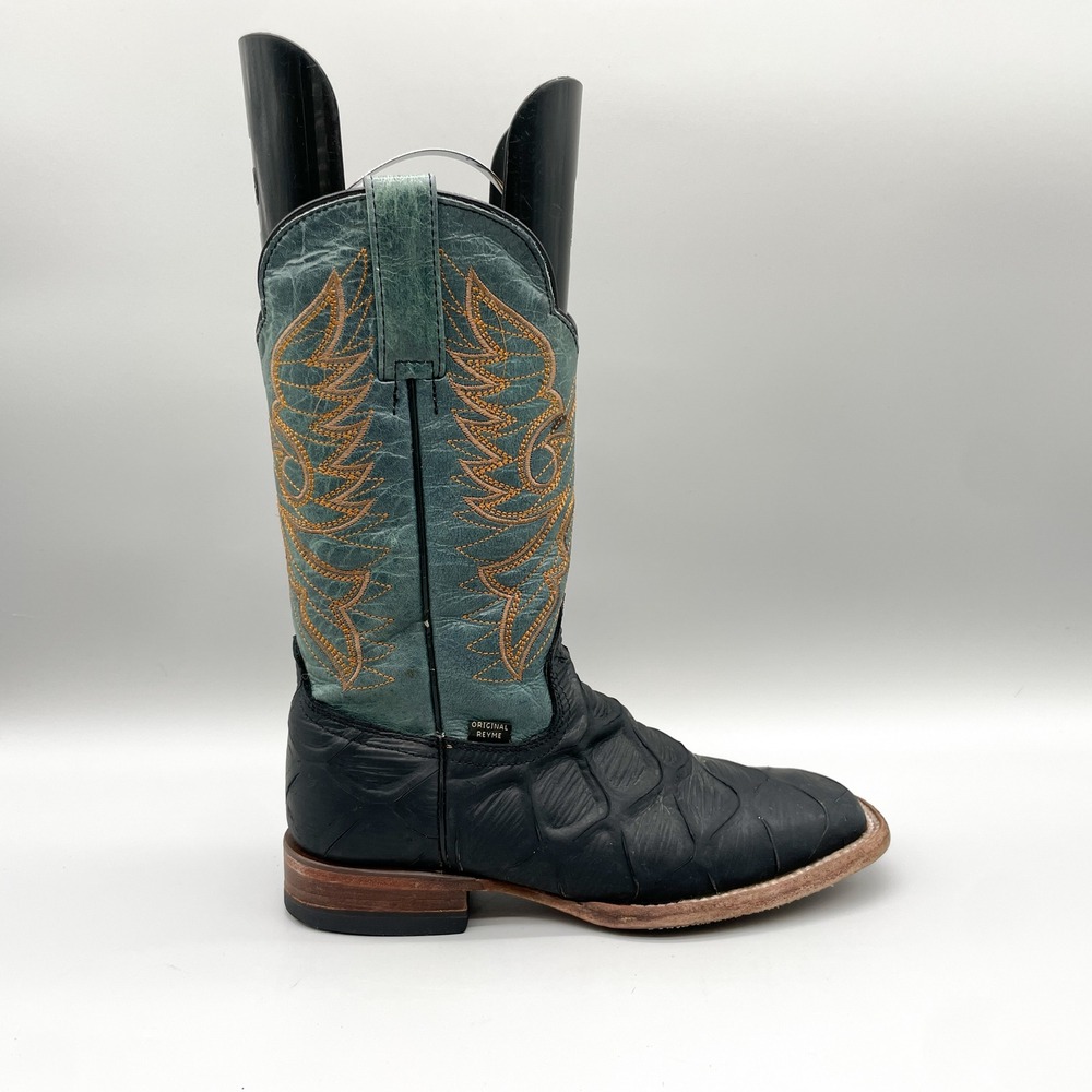 Reyme Mens 24.5 6.5 Black Pirarucu Fish Skin Teal Cowboy Western Boots Rugged